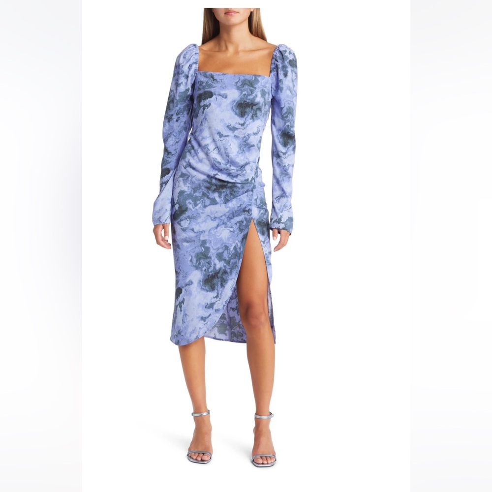 Open Edit Blue marbled long sleeve midi dress